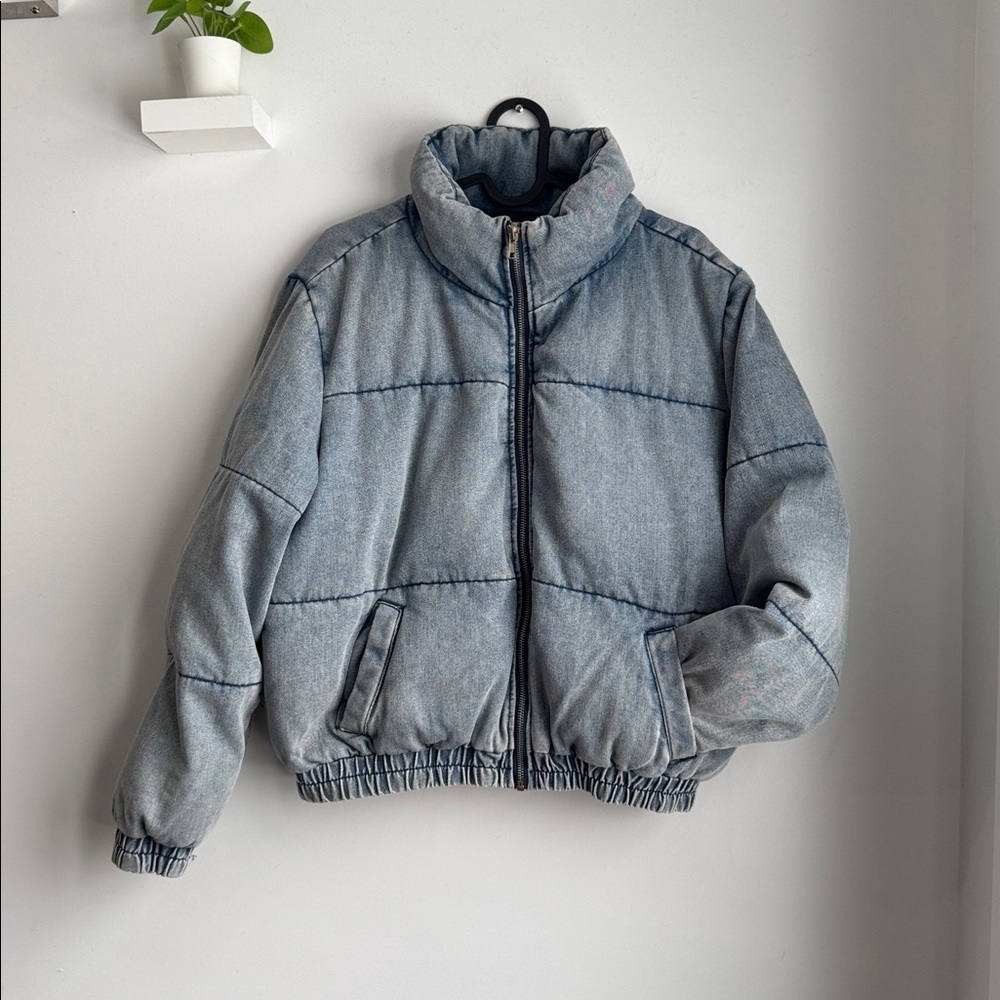 Light Blue Oversized Denim Puffer Jacket - Picture 2 of 10